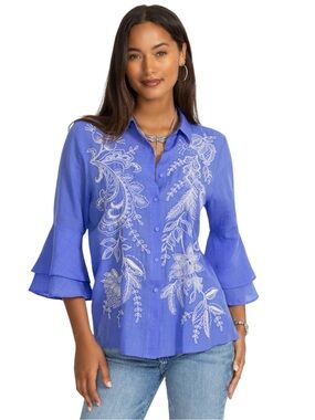Johnny Was 3/4 Flounce Sleeve Embroidered Ramie Blouse Roberta Baja Blue XL NWOT